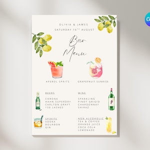 Editable Modern Wedding Menu/ Watercolour Wedding Drinks Menu Template | Digital Download Bar Menu| Canva | Signature Drink Illustrations