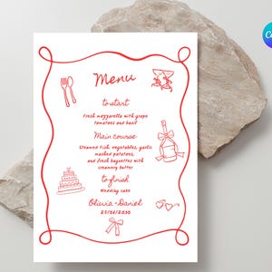 Red Italian Inspired Menu Template printable template, Hand drawn line art illustrated food menu, Whimsical menu scribble Italian menu