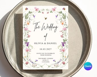 Sjabloon bruiloft uitnodiging wilde bloemen: afdrukbare DIY-uitnodiging (5 x 7 inch, pdf-download)