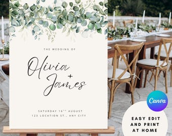 Eucalyptus Wedding Welcome Sign Template: Watercolor Greenery (Digital Download A1 Size)