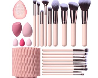 18-Pc Makeup Brush Set with 5 Pcs Sponges & Brush Holder