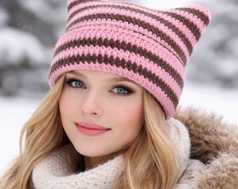 Personalised Handmade Winter Cat Ear Crochet Hat with Wool Flowers Appliqué