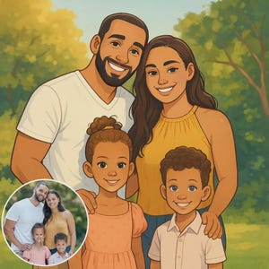 Portrait digital illustré en style 2D – Personnalisé à partir de photo – Couple, famille, animaux ou solo