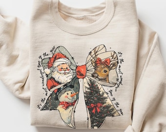 Vintage Retro Santa Christmas Shirt, Cute Snowman & Reindeer with Coquette Bow – Perfect Holiday Gift, Most Wonderful Time of the Year