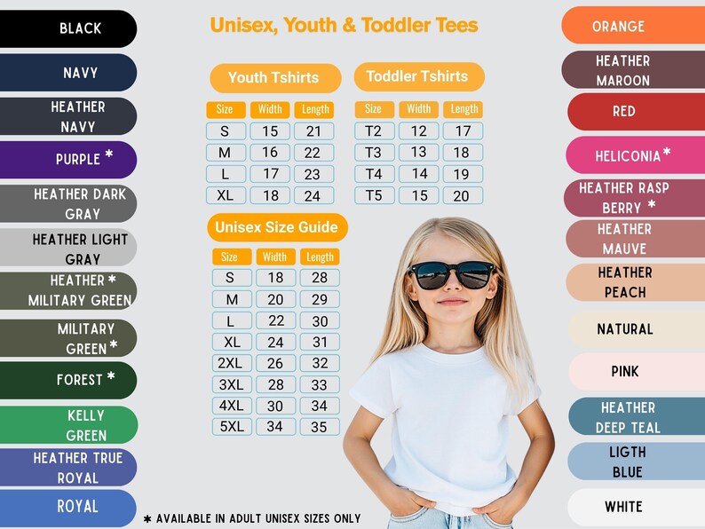 The image is a collage of various unisex, youth, and toddler tees, including sizes and colors, along with a young girl wearing sunglasses.