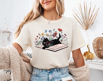 Floral Cat Shirt, Cute Book Cat Shirt, Cat Lover T-Shirt, Cat Mom Gift, Cat Book Shirt, Gift for Her, Cute Cat Tee, Book Lover Gift