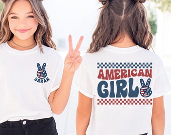 American Girl Shirt, Personalized Patriotic Wavy Tee, Youth 4th of July Shirt, All American Girl Tee, Checkered Wavy Shirt