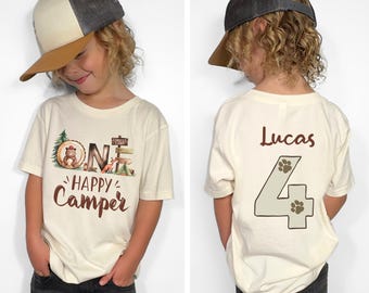 Custom One Happy Camper Shirt, Personalized Camp Crew Shirts, Matching 1st Bday Boy Tee, Camping Theme Birthday Party Gift