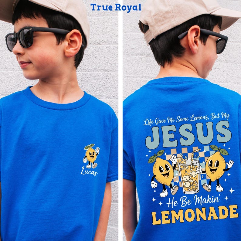 Personalized Jesus Lemonade Shirt with happy lemon graphics and the quote “Life Gave Me Some Lemons, But My Jesus He Be Makin’ Lemonade” — cute faith based kids sweatshirt and Christian shirt.