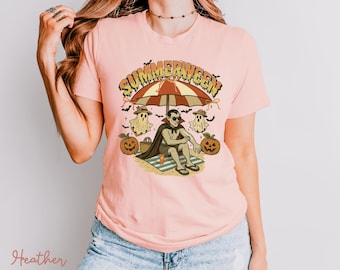 Summerween Shirt, Halloween Summer Tee, Cape Halloween Character, Sunscreen Beach Shirt, Ghosts & Pumpkin Design, Spooky Summer Style