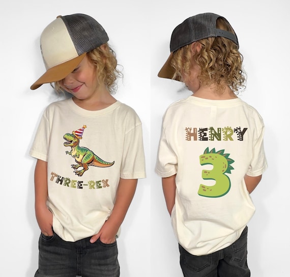 Three Rex Dinosaur Birthday Shirt - Custom Name and Age for Kids