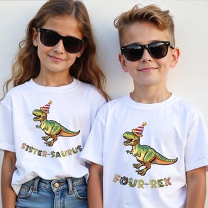 Dinosaur-themed family birthday shirts including a Three Rex or Four Rex kids tee with name and age on back, plus matching Mama Saurus, Dada Saurus, and sibling designs — ideal for dinosaur birthday parties.