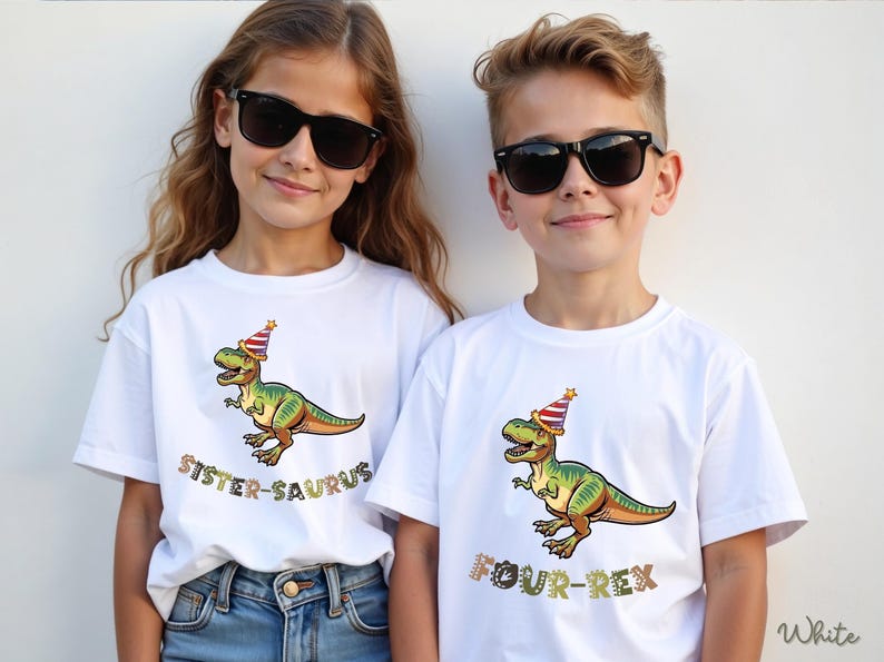 Dinosaur-themed family birthday shirts including a Three Rex or Four Rex kids tee with name and age on back, plus matching Mama Saurus, Dada Saurus, and sibling designs — ideal for dinosaur birthday parties.