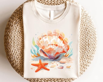 Watercolor Seashell T-Shirt, Seashell Shirt, Summer Vibes Shirt, Ocean Shirt, Gift for Her, Vacation Tee, Coastal Vibes