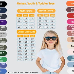 The image is a collage of various unisex, youth, and toddler tees, including sizes and colors, along with a young girl wearing sunglasses.