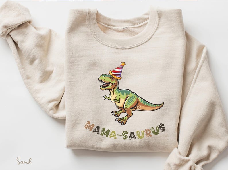 Dinosaur-themed family birthday shirts including a Three Rex or Four Rex kids tee with name and age on back, plus matching Mama Saurus, Dada Saurus, and sibling designs — ideal for dinosaur birthday parties.