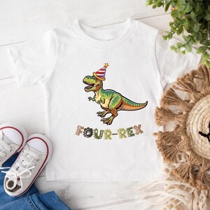 Dinosaur-themed family birthday shirts including a Three Rex or Four Rex kids tee with name and age on back, plus matching Mama Saurus, Dada Saurus, and sibling designs — ideal for dinosaur birthday parties.
