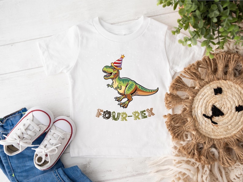 Dinosaur-themed family birthday shirts including a Three Rex or Four Rex kids tee with name and age on back, plus matching Mama Saurus, Dada Saurus, and sibling designs — ideal for dinosaur birthday parties.