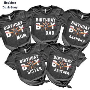 five gray t-shirts with white text that reads "Birthday Boy Mom Dad Grandma" and "Birthday Boy Sister Brother".