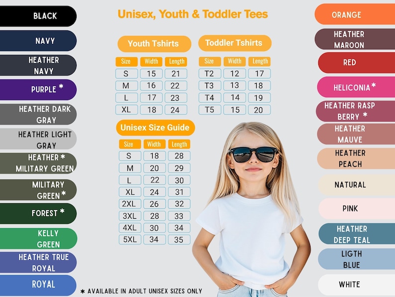 The image is a collage of various unisex, youth, and toddler tees, including sizes and colors, along with a young girl wearing sunglasses.