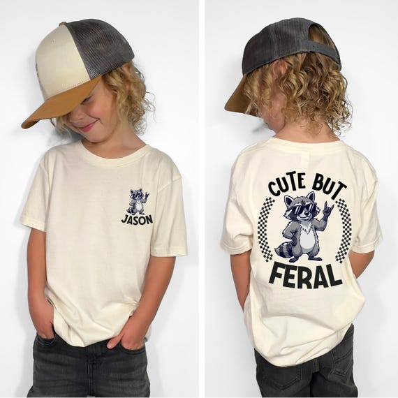 Personalized Cute But Feral Raccoon Shirt | Funny Kids Trash Panda Tee | Custom Name Woodland Animal Gift