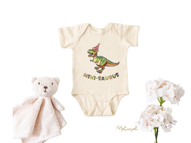 Dinosaur-themed family birthday shirts including a Three Rex or Four Rex kids tee with name and age on back, plus matching Mama Saurus, Dada Saurus, and sibling designs — ideal for dinosaur birthday parties.