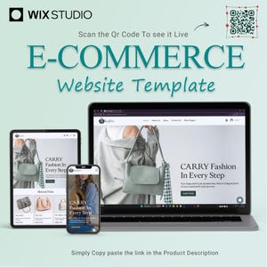 May include: An e-commerce website template displayed on a laptop, tablet, and smartphone. The screens showcase a handbag, with the text "CARRY Fashion In Every Step." The image includes a QR code and the text "E-COMMERCE Website Template."