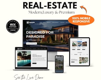 Op de afbeelding: Promotieafbeelding voor een vastgoedwebsite, met een modern, luxe design. De afbeelding toont een laptop, desktopmonitor, tablet en smartphone met de interface van de website. Tekst omvat "REAL-ESTATE", "Designed for Paradise" en "100% Mobile Responsive."