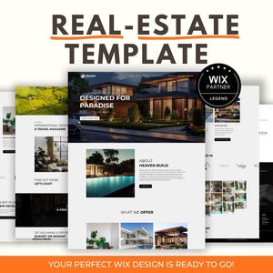 Könnte beinhalten: Eine digitale Immobilien-Website-Vorlage mit mehreren Seitenlayouts, die Bilder von modernen Luxushäusern, Swimmingpools und Innenräumen zeigen. Das Design enthält Textüberschriften wie DESIGNED FOR PARADISE und ein WIX PARTNER LEGEND-Abzeichen.