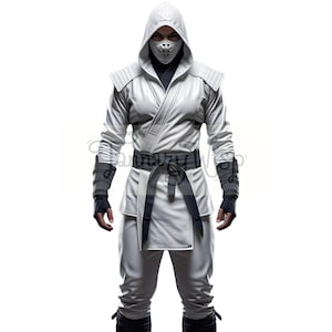 May include: A white ninja costume featuring a hooded jacket, face mask, and trousers. The costume includes a black belt and wrist guards. The ninja is standing against a white backdrop. The outfit is designed for cosplay or costume events.