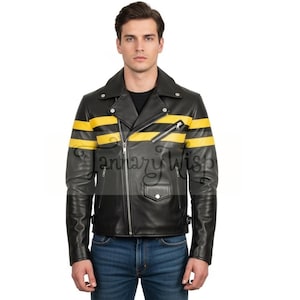 Black Leather Jacket – Yellow Stripe Moto Style for Men - Bold Streetwear Jacket -  Edgy Leather Jacket - Modern Biker Jacket