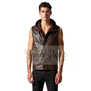 Handcrafted Sleeveless Leather Vest with Hood - Men’s Brown Hooded Leather Vest - Warrior-Inspired Leather Fashion -