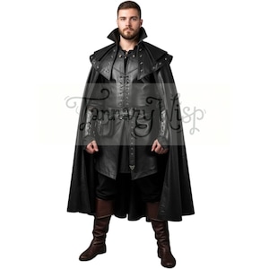 Black Leather Cloak and Vest Set: Gothic Warrior Cosplay Costume