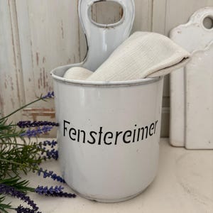 Old enamel window bucket with black lettering, vintage enamel bucket, old enamel, brocante, shabby chic