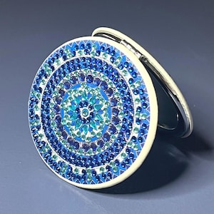 Blue Diamond Art Compact Mirror • Sparkly Blue Rhinestone Makeup Mirror