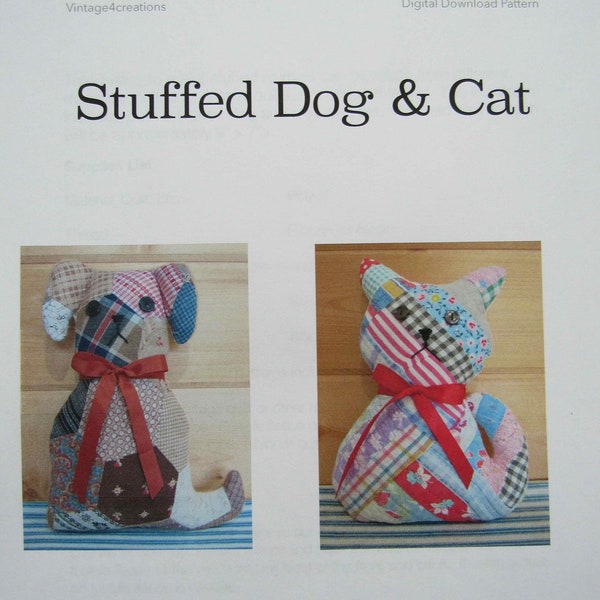 Cat and Dog Pattern Download, Easy to Sew,  Stuffed Kitty and Puppy with Directions