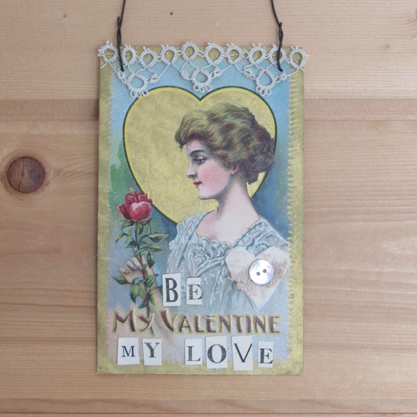 Hanging Victorian Valentine Assemblage, Gift for Her, Peg Hanger Decor, OOAK Mixed Media Collage