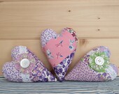 Easter Heart Ornaments, Purple Feedsack Hearts Bowl Filler, Set of 3, Farmhouse Country Decor