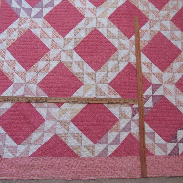 Vintage Hand Quilted Patchwork, Ocean Waves Quilt, 70" x 84", Double Pink Cotton