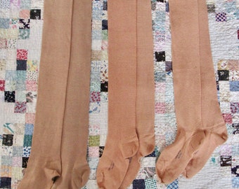 Vintage Women's Long Socks, Beige Cotton Thigh High, Shabby Feminine Decor, Stockings