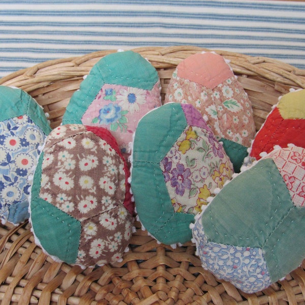 Quilt Easter Eggs, Set of 7, Cheery Spring Basket Filler, Primitive Farmhouse Ornaments