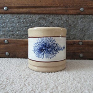 Vintage Mochaware Crock Jar, Blue Seaweed Design on Yellow Ware