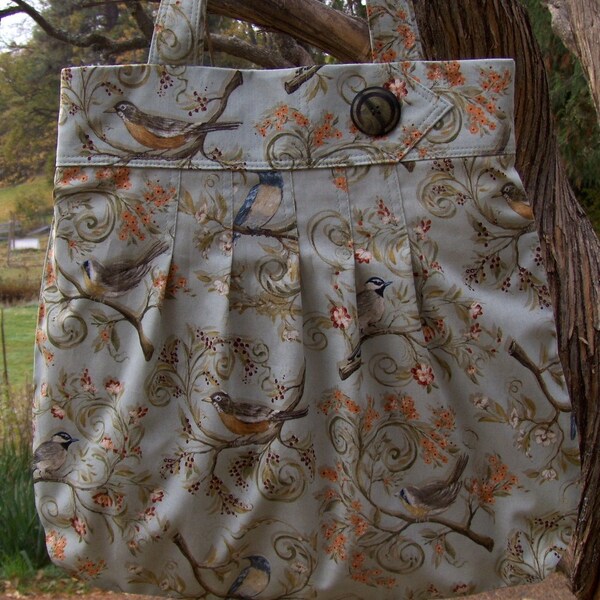 Birds Nestled Among Branches Fabric Large Tote Bag Purse