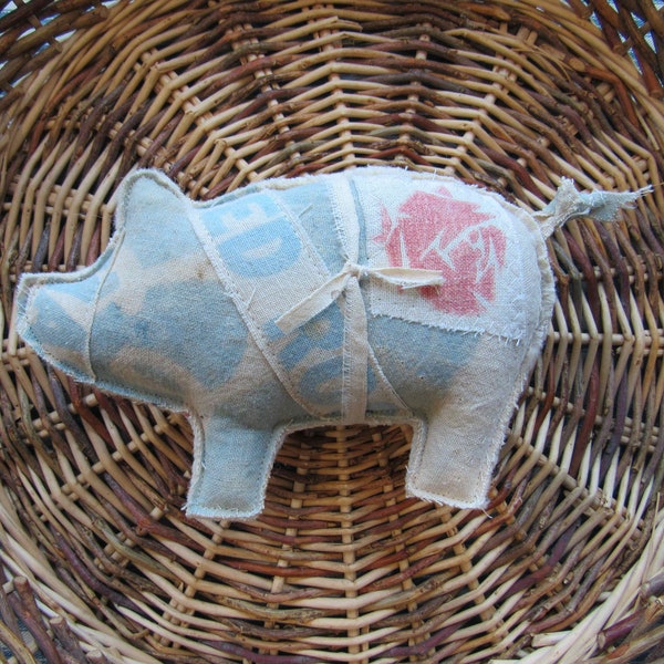 Primitive Pig Shelf Tuck, Farmhouse Decor, Vintage Feed Bag Decor, Barnyard Animals