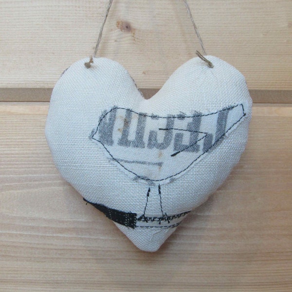 Primitive Bird Hanging Heart, Farmhouse Decor, Vintage Feed Bag Decor, Bird Lover Gift