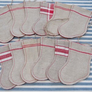 Vintage Linen Mini Stocking Ornaments, Set of 12, Red Stripe Christmas Decor