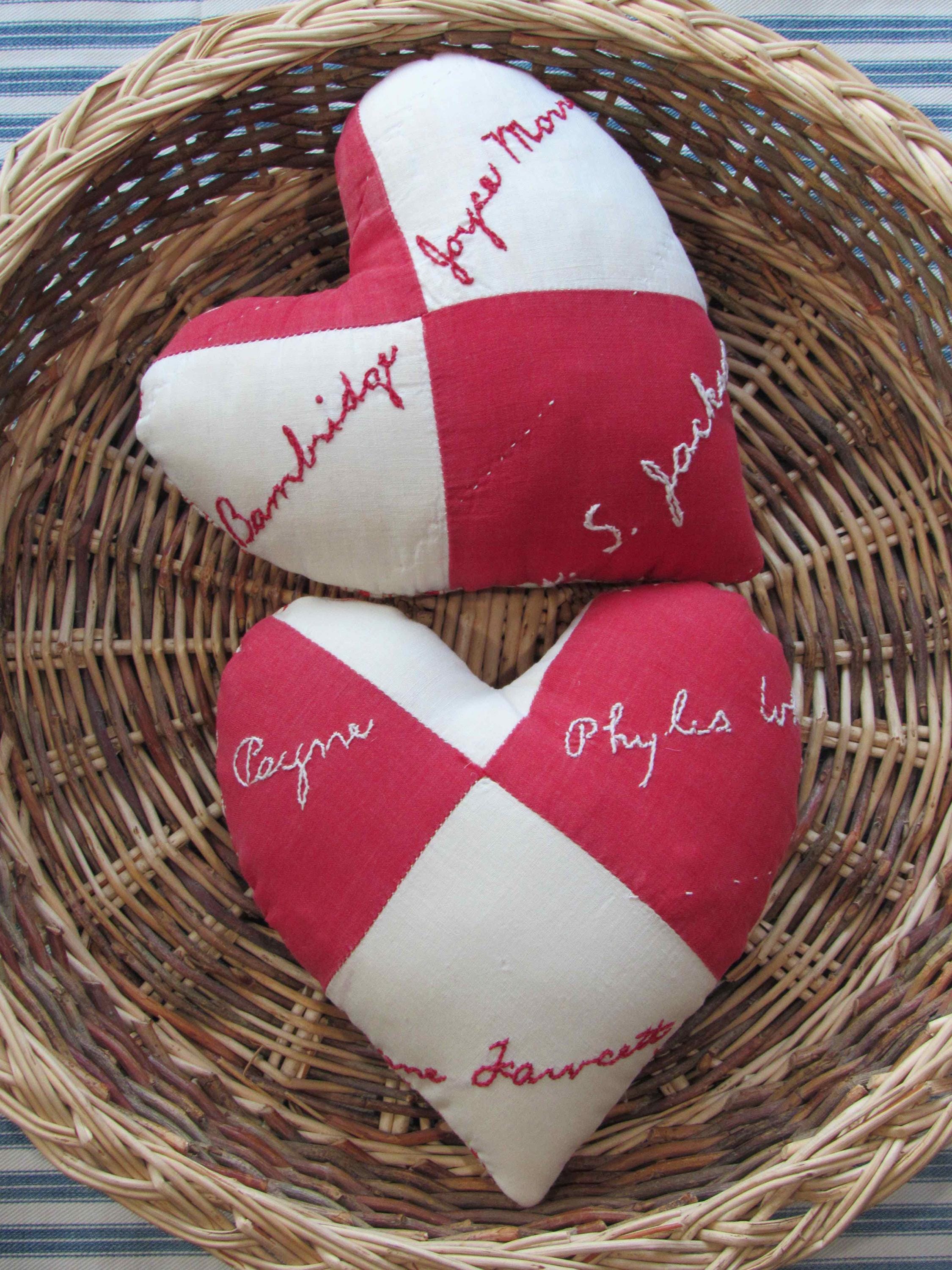 Red & White Friendship Quilt Hearts, Set of 2, Primitive Farmhouse Decor, Basket Filler, Country Shelf Tuck