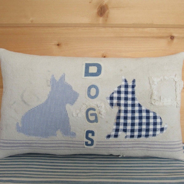 Grainsack and Gingham Dogs Pillow, Primitive Farmhouse, Blue Scotty Collage, Terrier Puppy