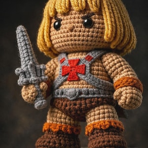 Handgjord He-Man Virkad Plysch - 18 cm Masters of the Universe Amigurumi - Retro 80-tals Hjälteleksak med Kraftsvärd - Samlarpresent för MOTU-fans