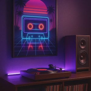 Retro Synthwave Art Print - 80s Vaporwave Neon Cassette Tape Poster